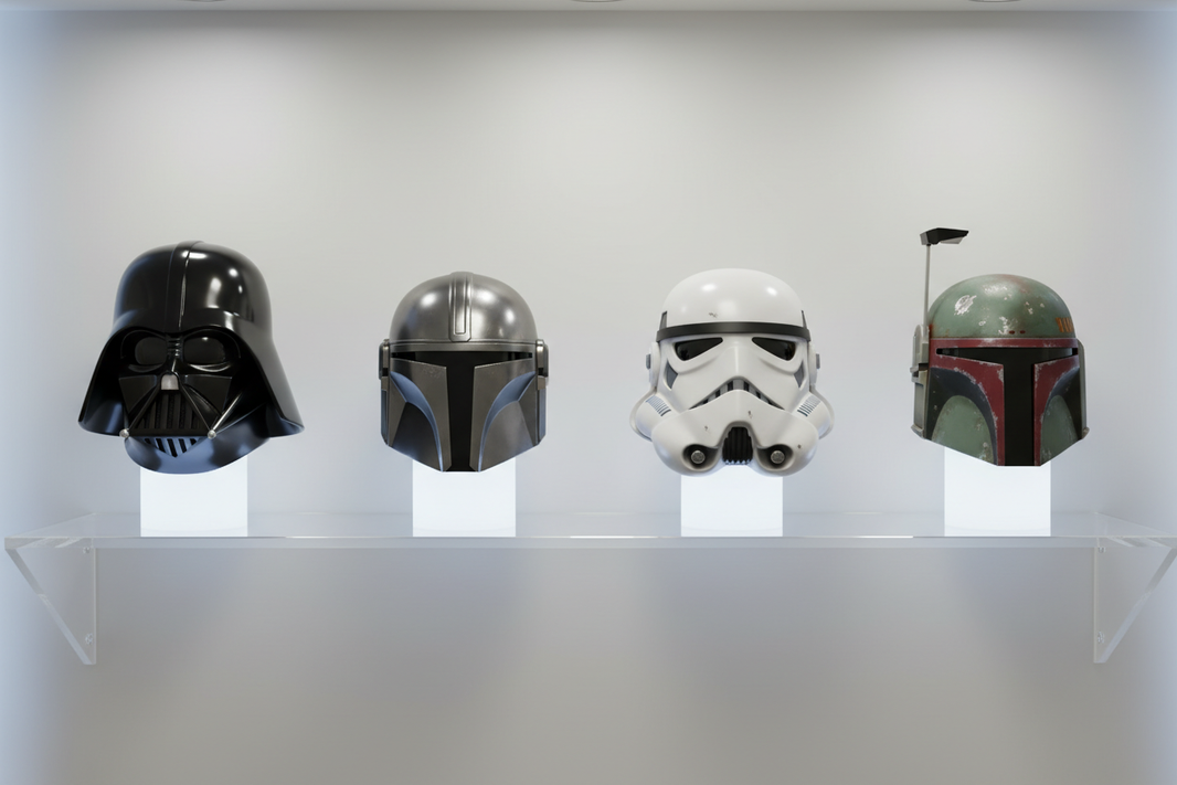 Star Wars helmets featuring Darth Vader, Mandalorian, Stormtrooper and Boba Fett