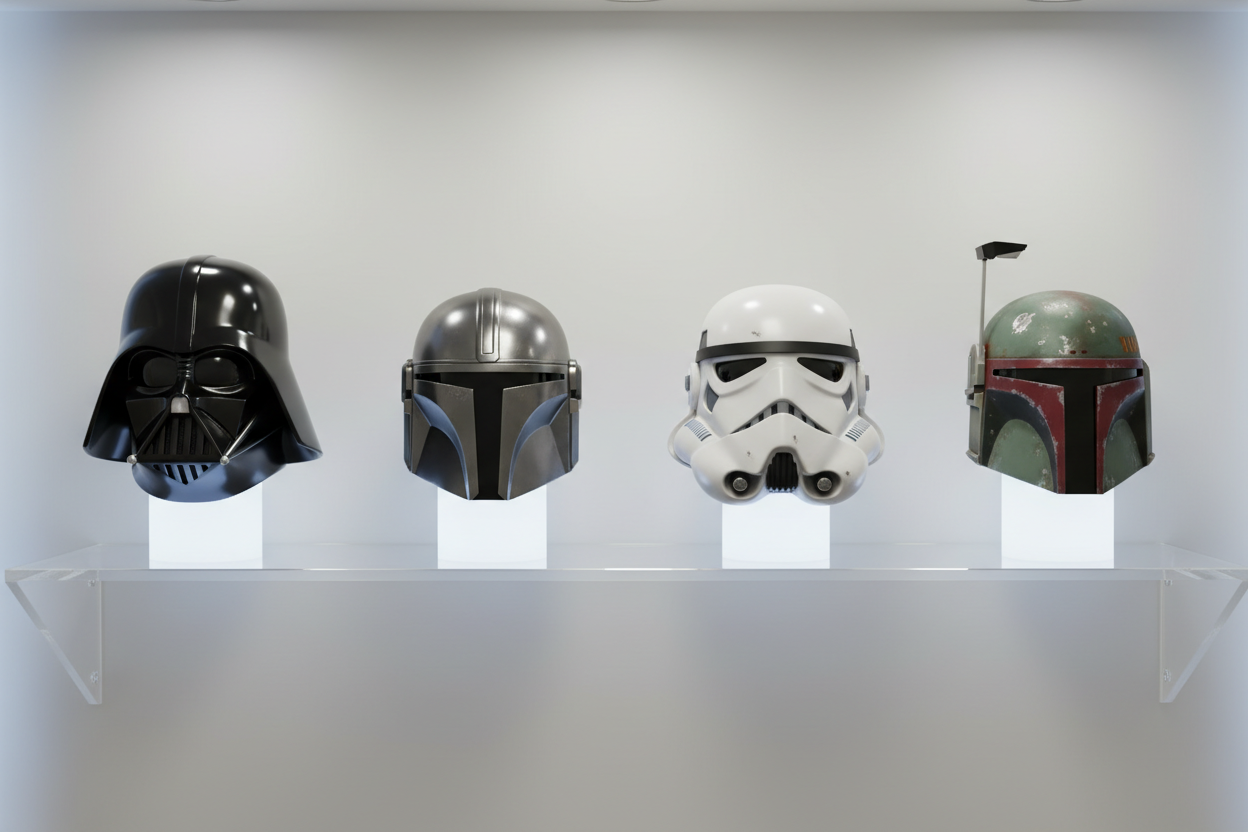 Star Wars helmets featuring Darth Vader, Mandalorian, Stormtrooper and Boba Fett