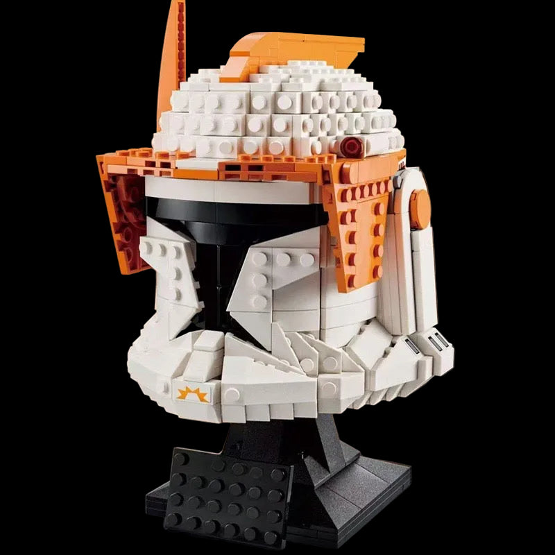 Assembled Clone Commander Cody helmet made from white and blue ABS bricks, front view