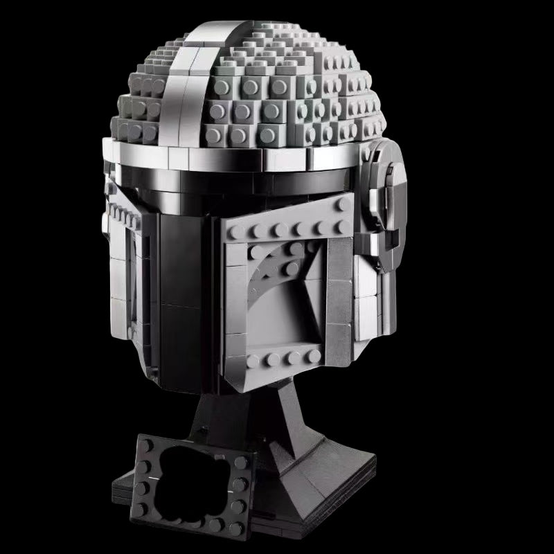 Mandalorian Helmet brick set assembled front view with detailed helmet shape
