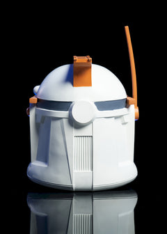 Commander Cody Phase 1 Clone Trooper Helmet back view white helmet with orange markings and Phase 1 design
