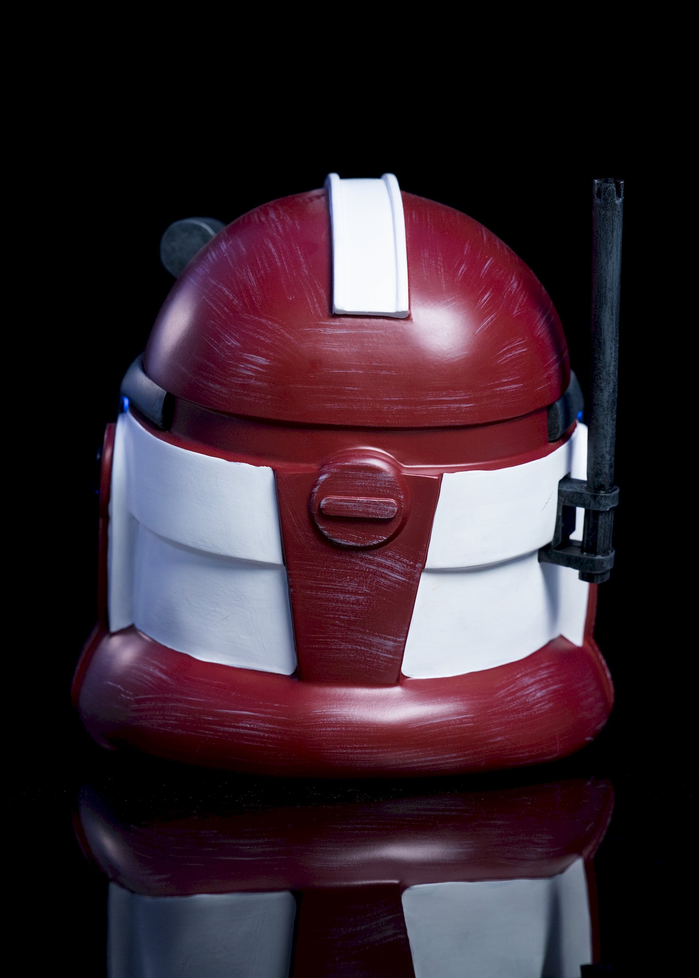 Commander Fox Helmet back view red and white Clone Trooper helmet showing detailed markings and weathered design