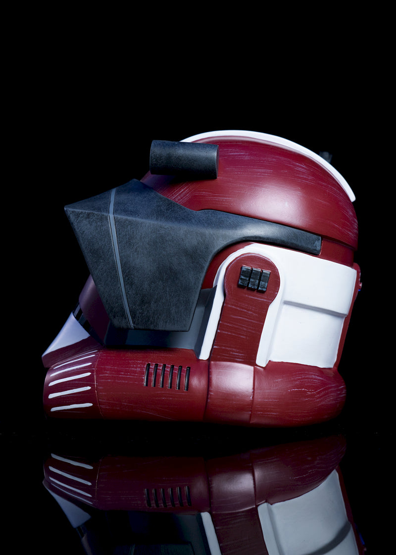 Commander Fox Helmet left side view red and white Clone Trooper helmet showing authentic markings and weathered paint