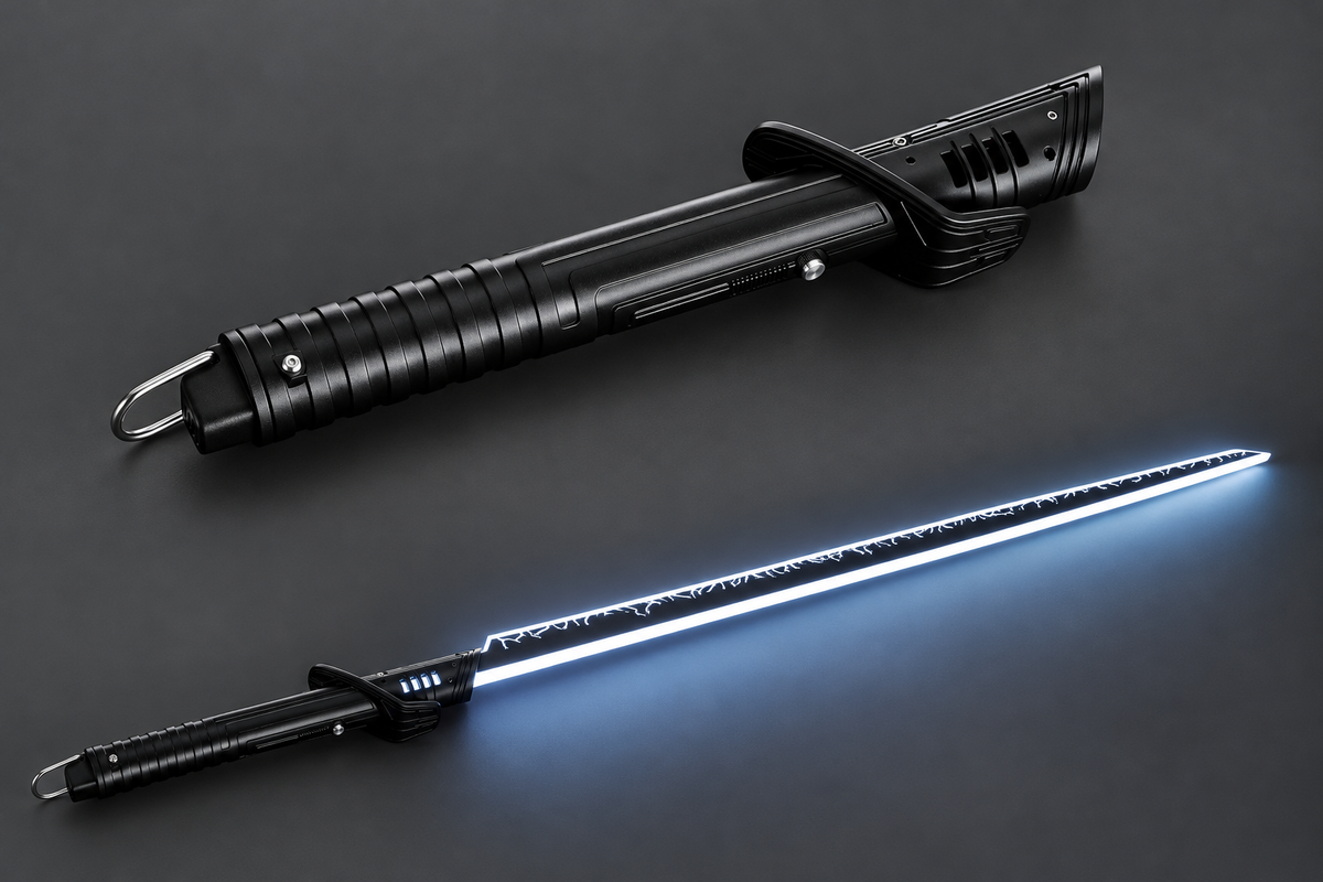 AI-generated product overview of lightsaber 191-2, showing the complete hilt and fully assembled illuminated saber
