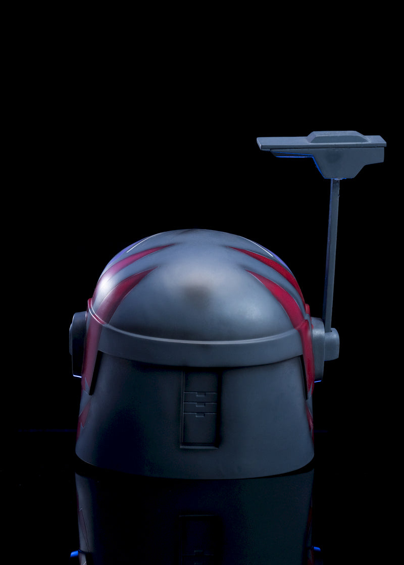 Sabine Wren Helmet back view red, black, and gray Mandalorian helmet showing detailed paint patterns and weathered effects
