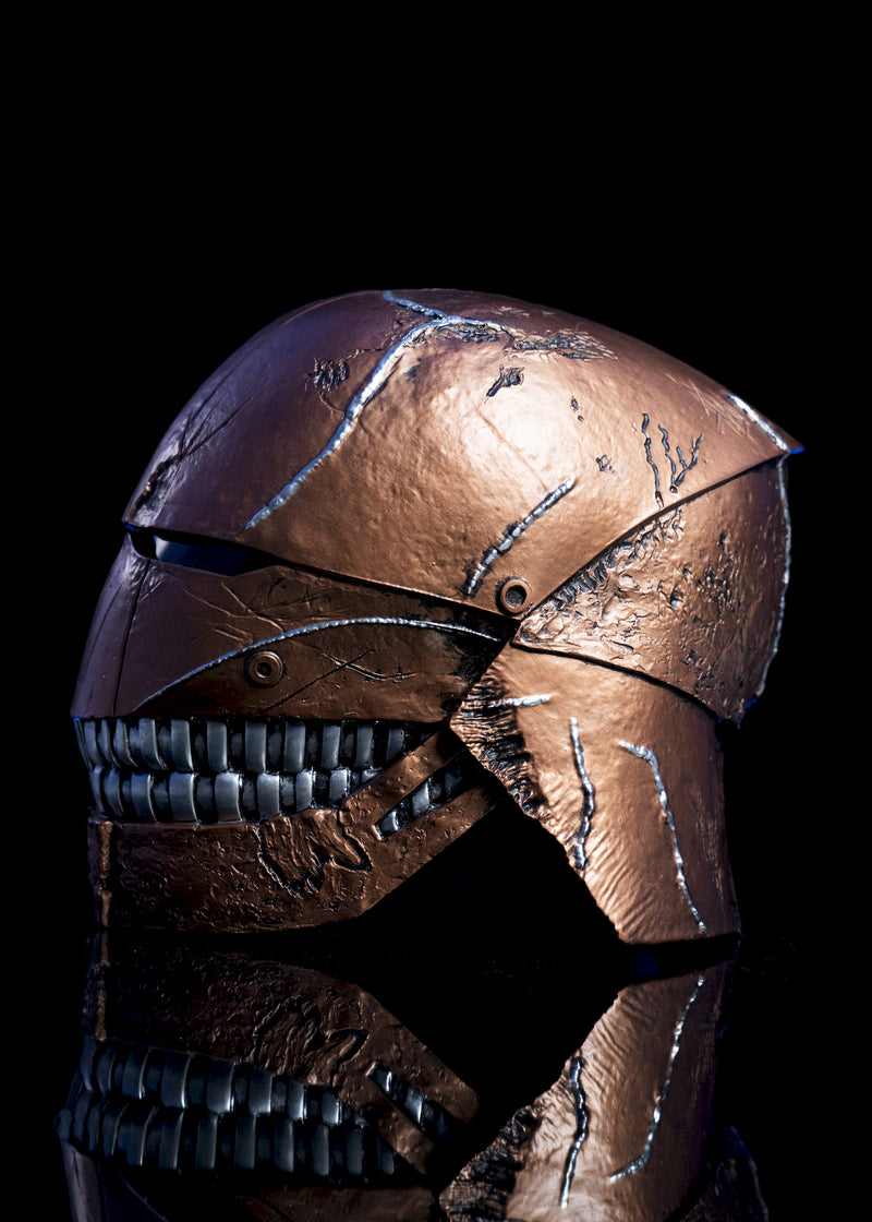 The Stranger Helmet left side view gold helmet with unique Stranger markings